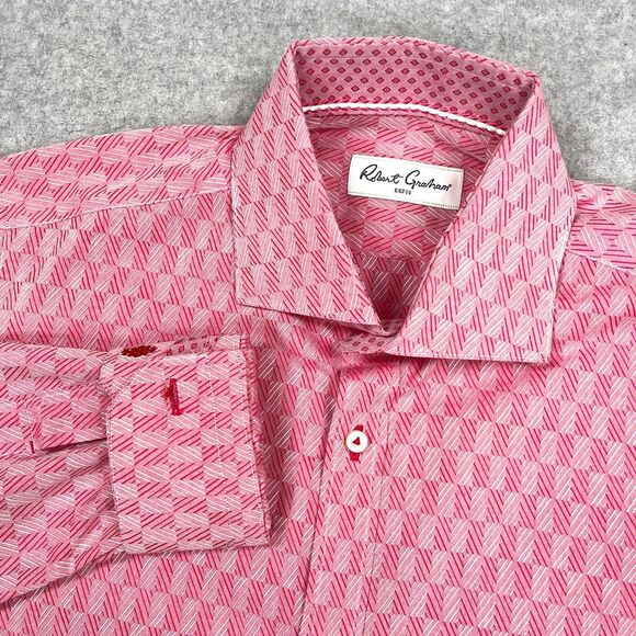 Robert Graham Shirt Mens 39 15.5 Med Pink Geometric Flip Cuff Collar Loud Bold - Picture 1 of 12